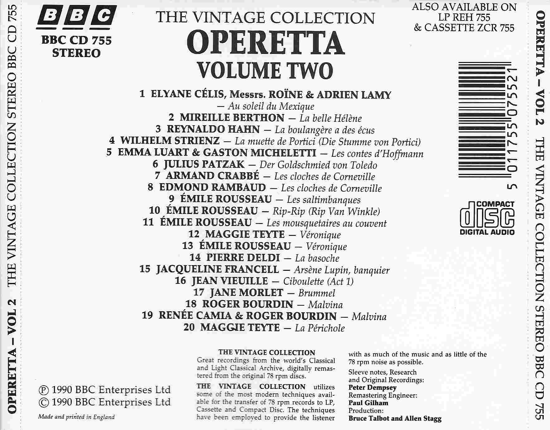 Picture of BBCCD755 The vintage collection - Operetta volume 2 by artist Various from the BBC records and Tapes library